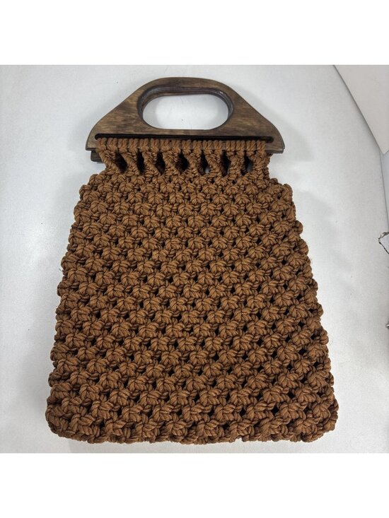 Unbranded Handbags - Vintage Crochet Handbag Brown Textured Purse Wooden Handles 9.5 X 14 Boho Retro